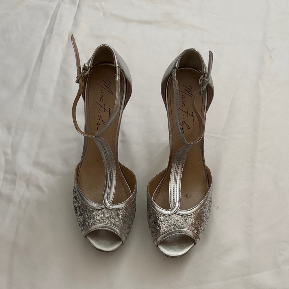 Marc Fisher Silver Glitter Peep-Toe Heels